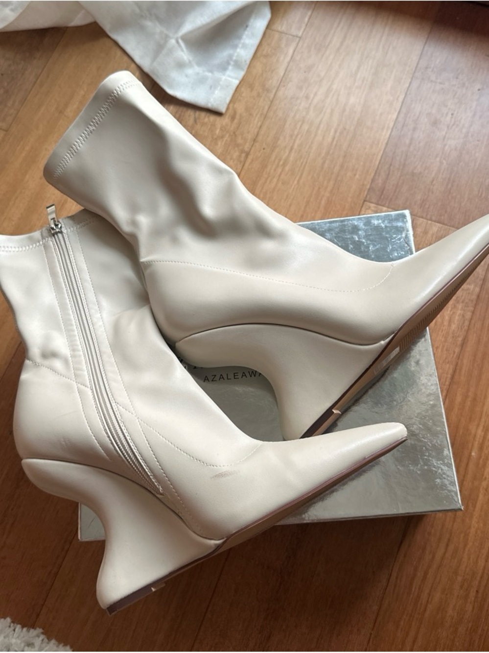 AKIRA Cream Pointed Sock Heeled Boots